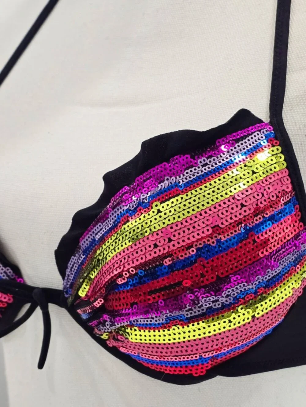 Victoria’s Secret ✦ Rainbow Sequin Halter Bikini Top ✦ Adjustable Tie‑Back 32B